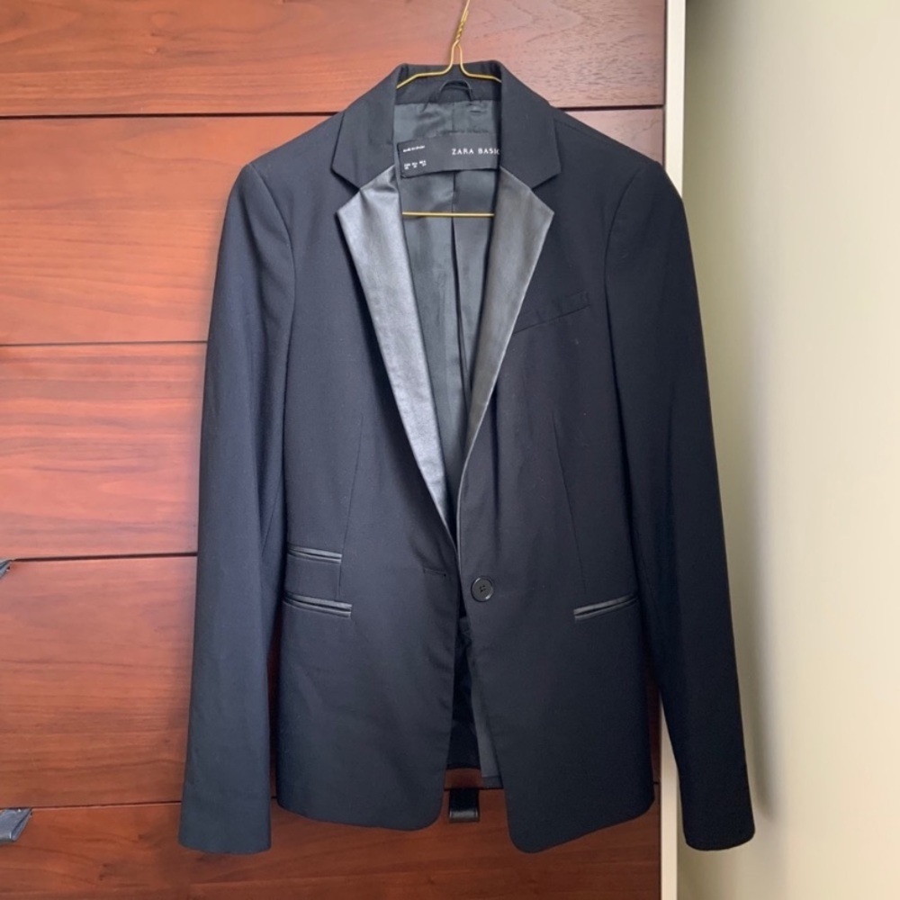 Zara Black Blazer with faux leather Lapel